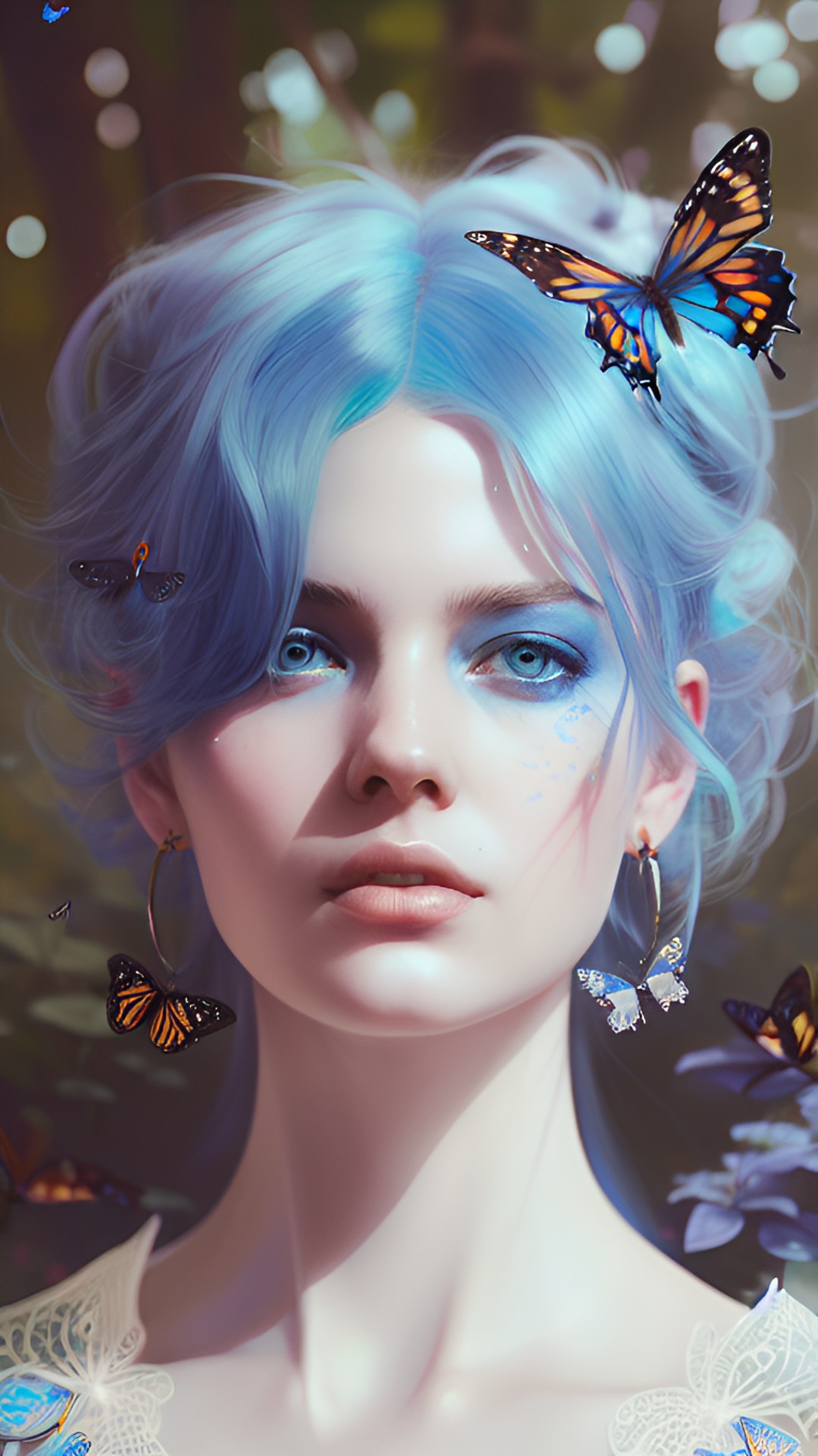 woman, lots of details, blue hair, realistic, elaborated, butterflies, blue eyes, white lace, blue colours preview