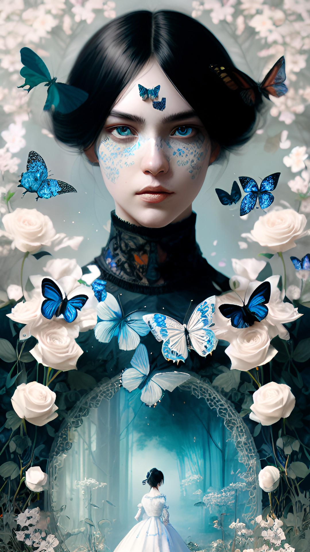 woman, lots of details, realistic, elaborated, black hair, blue lace, blue eyes, butterflies, white roses preview