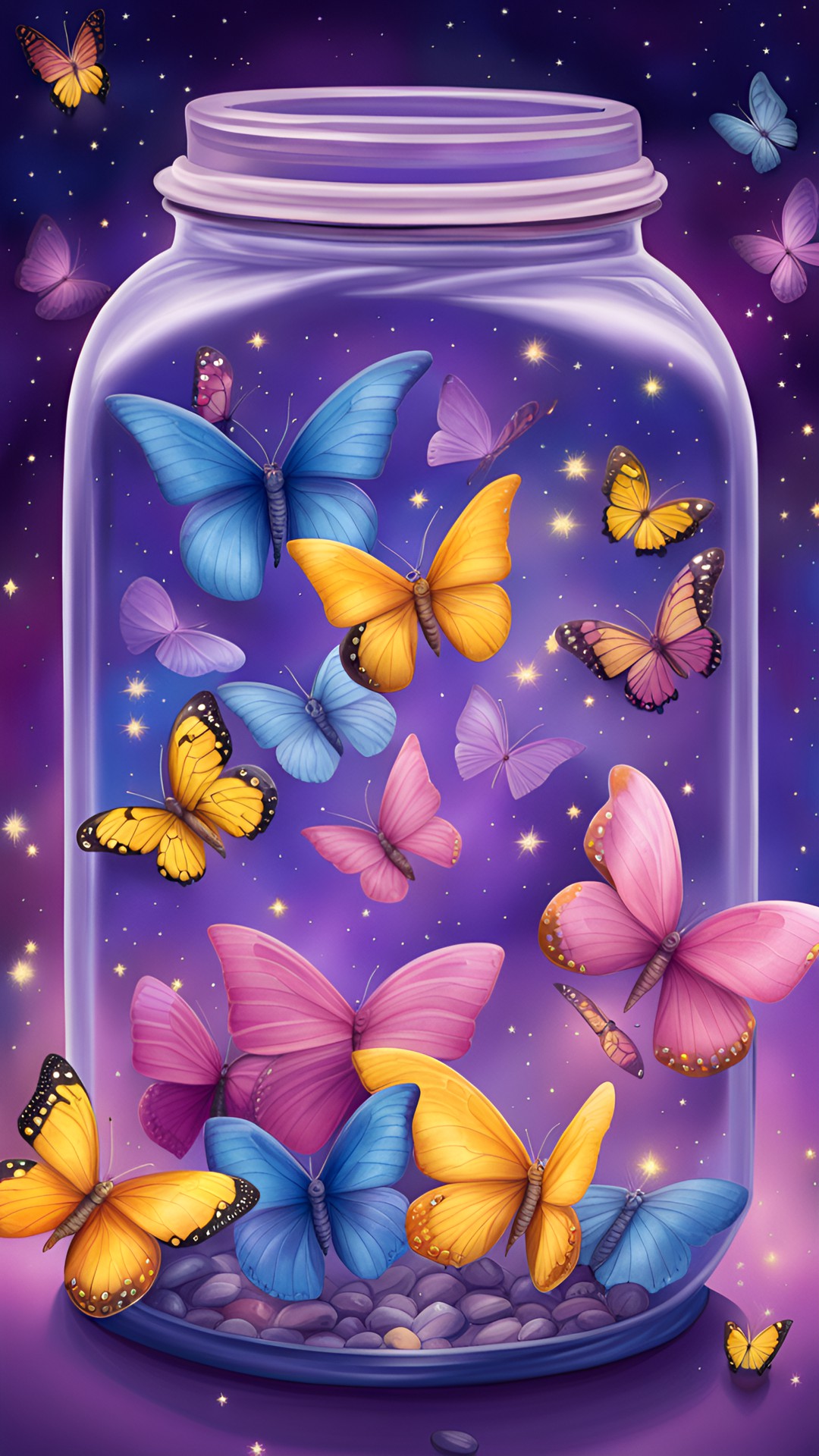 butterflies in a jar, pink colours, yellow colours, purple colours, blue colours, realistic, lots of details, elaborated, fantasy elements, starry background preview