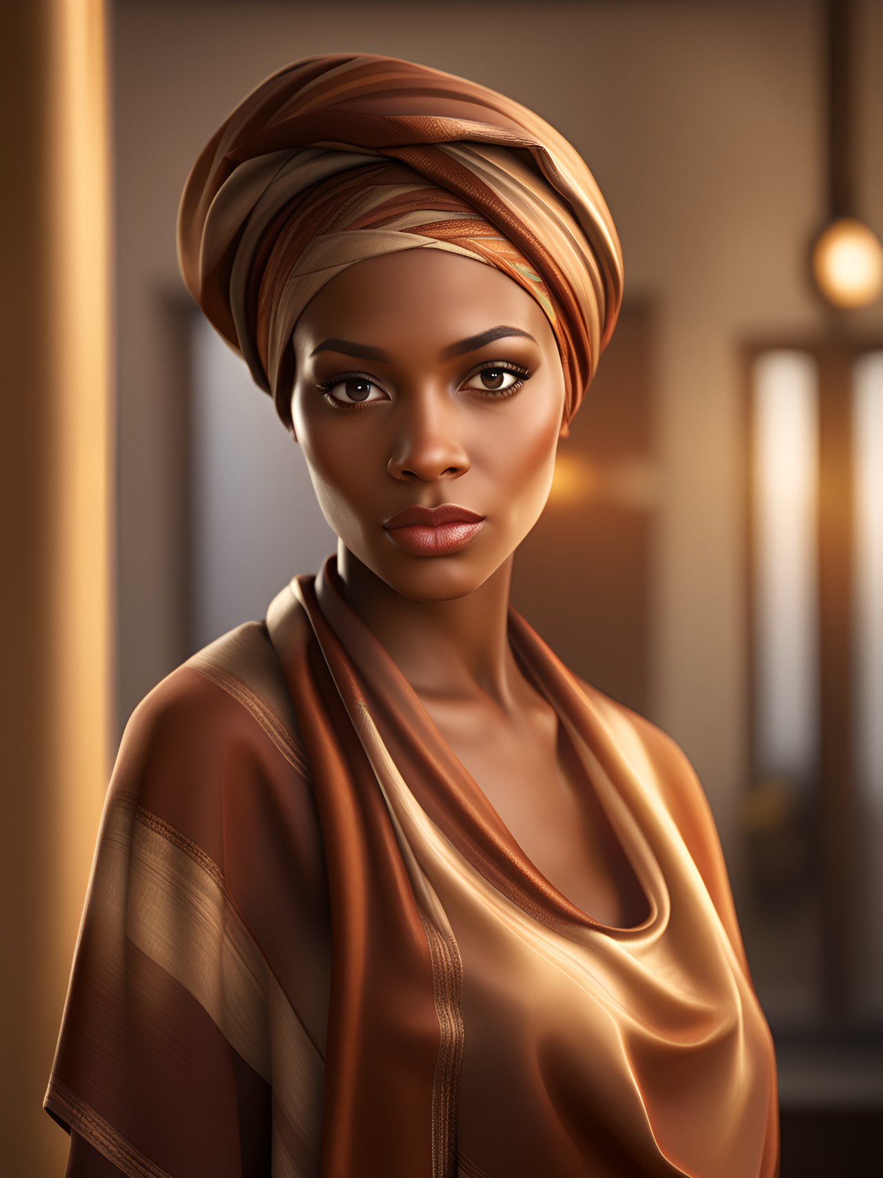 woman, african american, kind face, wearing a head scarf, brown eyes, silk shirt, indoors, realistic, uhd, 8k preview