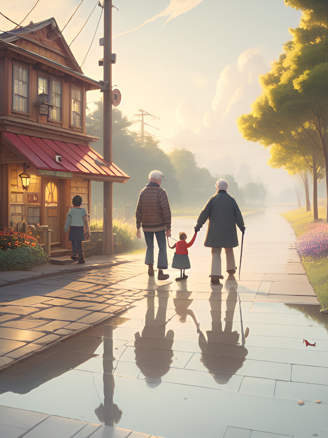 a wholesome cottagecore illustration of a group of people helping an old man who tripped om the sidewalk, studio ghibli, pixar and disney animation, sharp, rendered in redshift and unreal engine 5 by greg rutkowski, bloom, dramatic lighting, sunrise preview