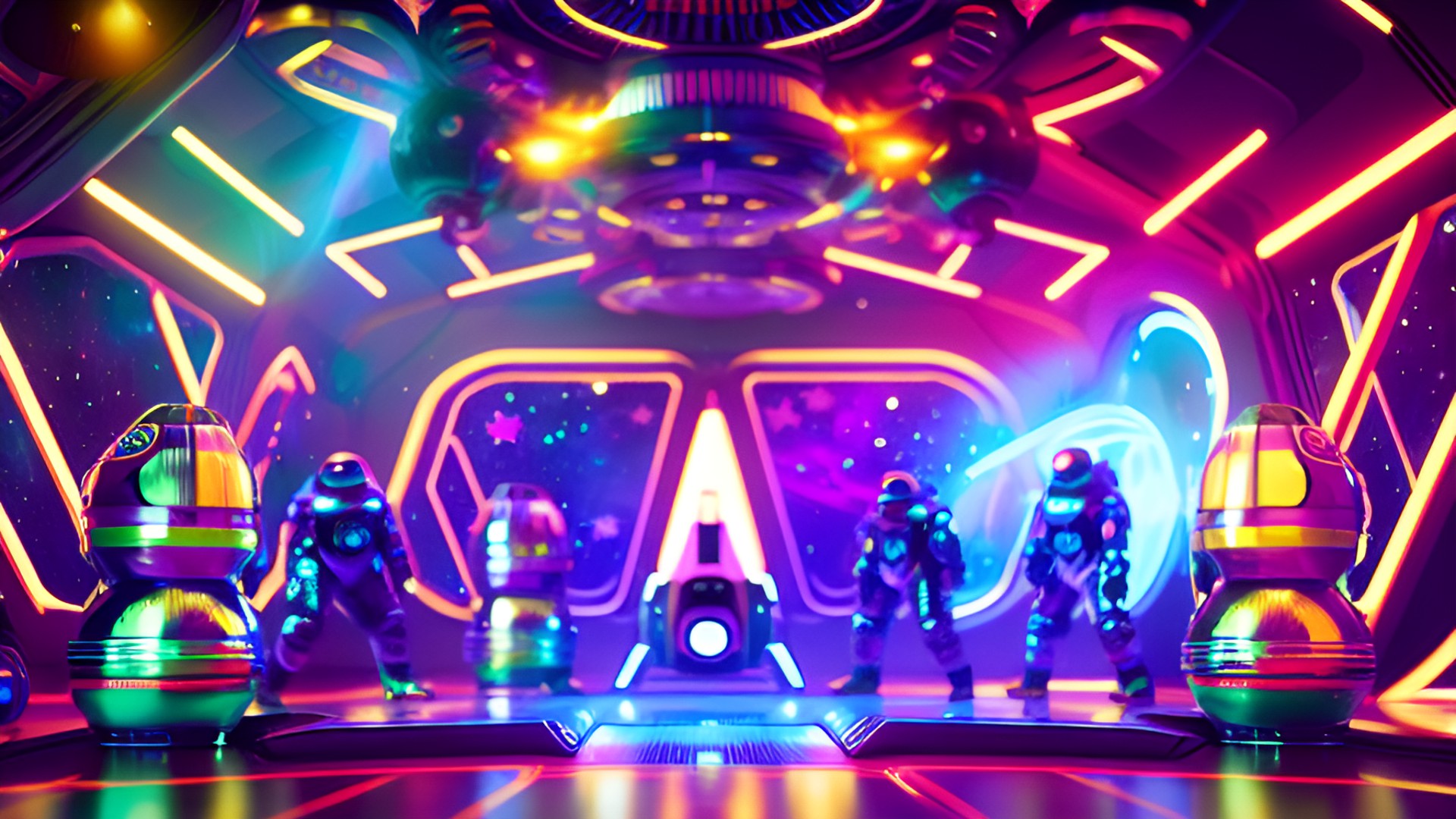 symmetrical space disco background with aliens, dancing astronauts, and cosmic drinks. preview