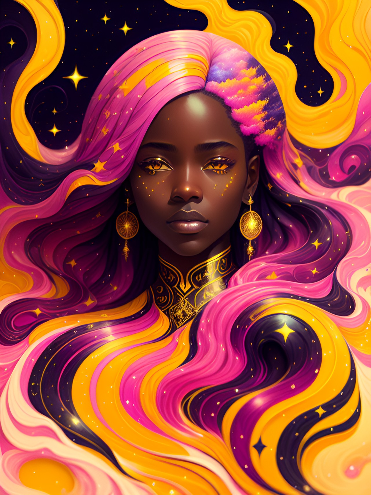 portrait of dark skin woman, lots of detail, realistic, elaborated, long hair with pink and yellow streaks, starry background, pink and yellow colours preview