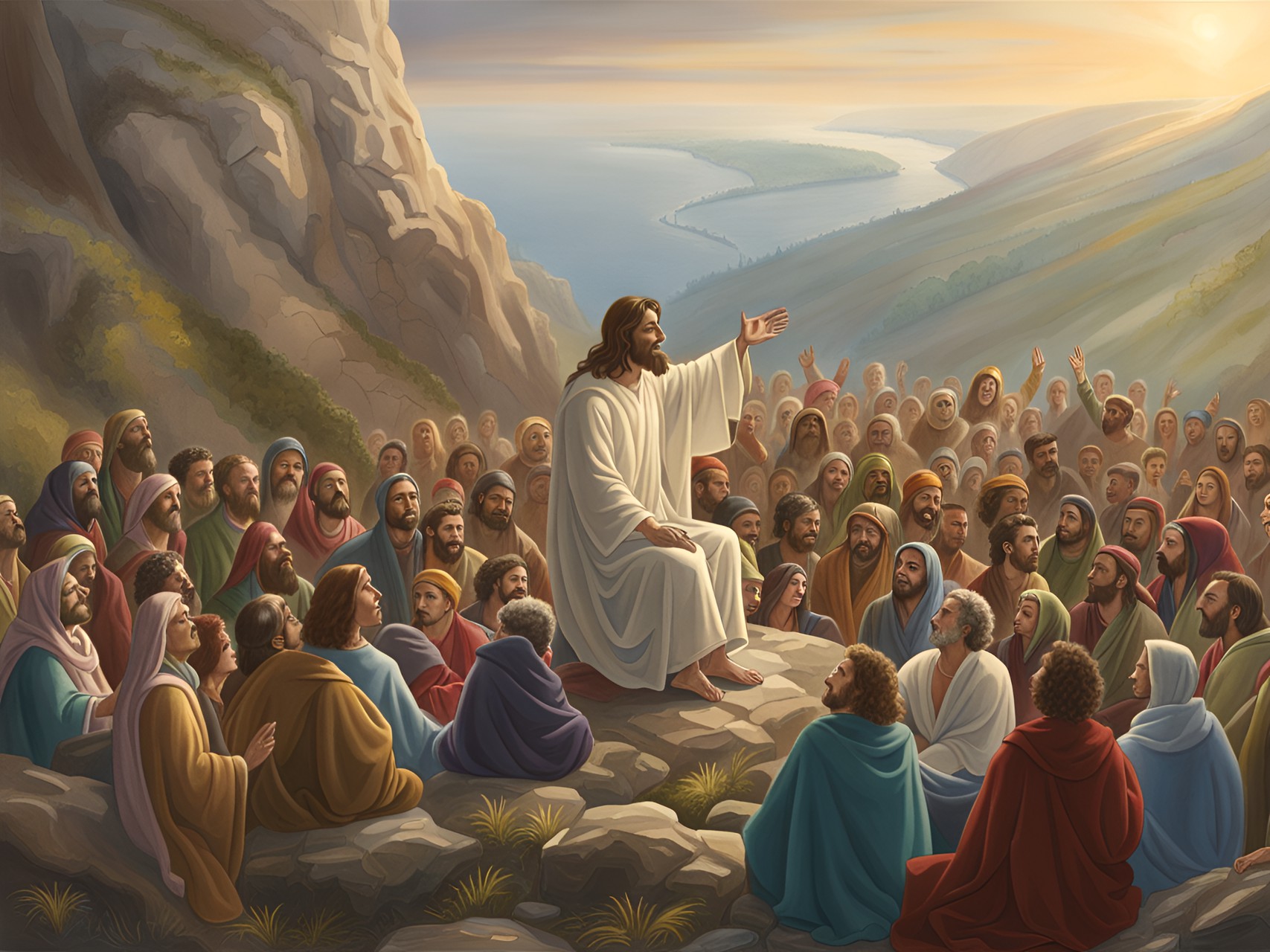 jesus doing a sermon on a mountain, preaching to a crowd highly detailed, fantasy art preview