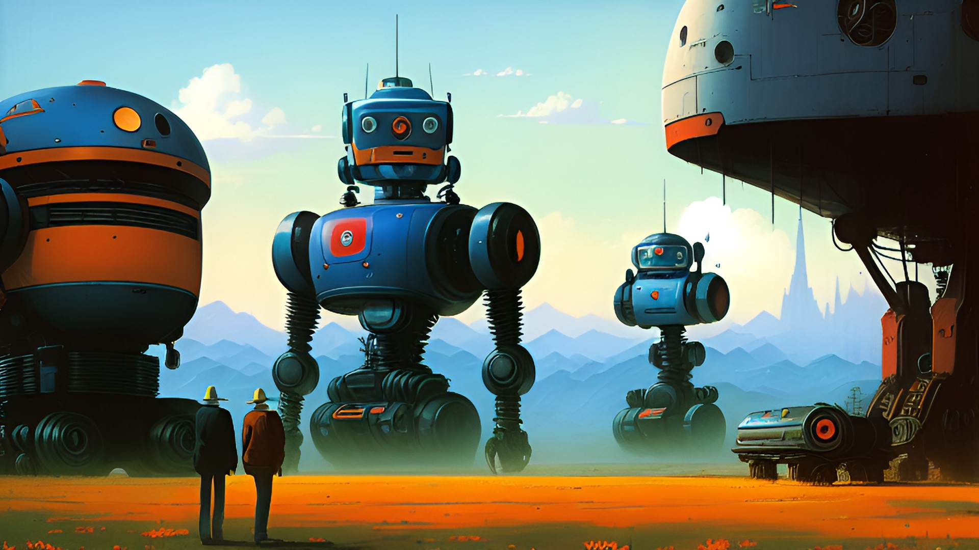 portrait of two friendly robots. in the style of simon stålenhag preview