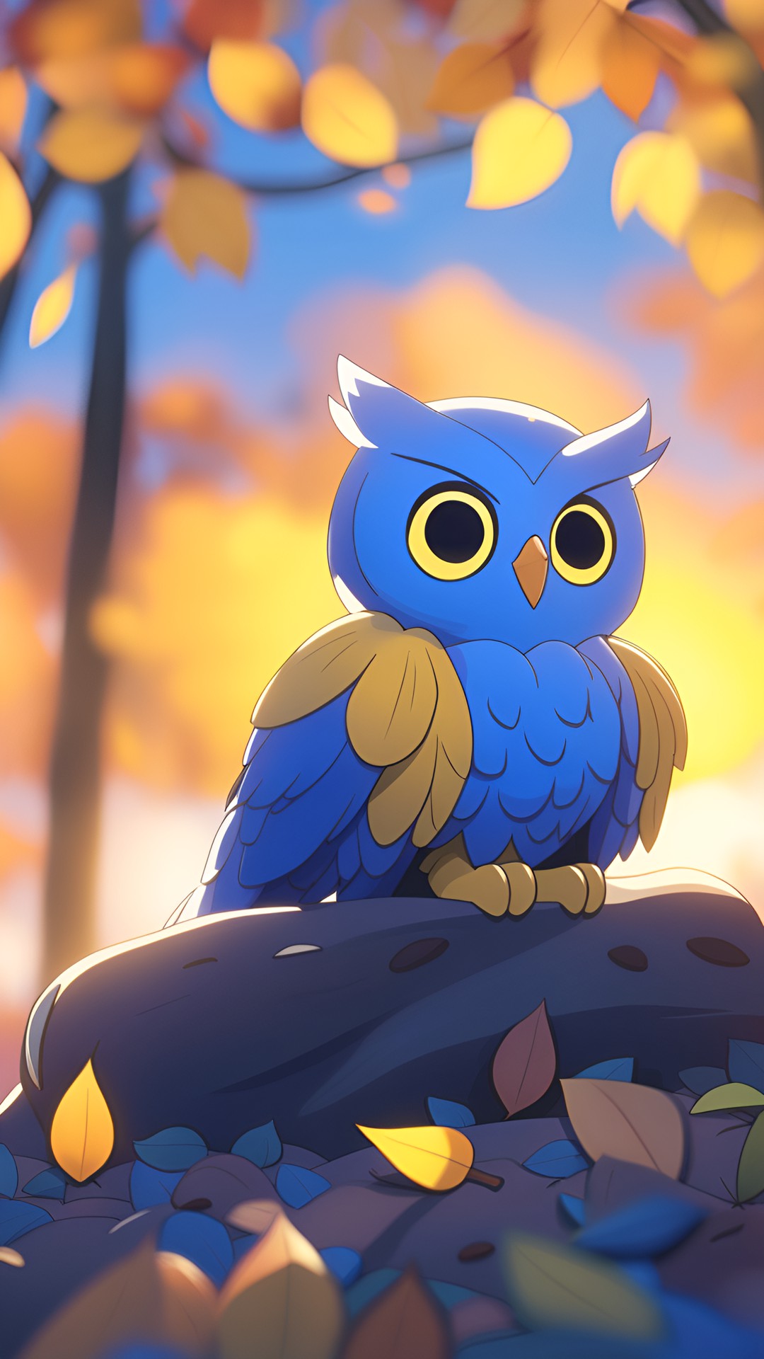 a cute blue and yellow owl sitting in a pile of fall leaves with a sunset in the background, anime, vivid colors, artstation, 8k, depth of field, golden hour, dreamy preview