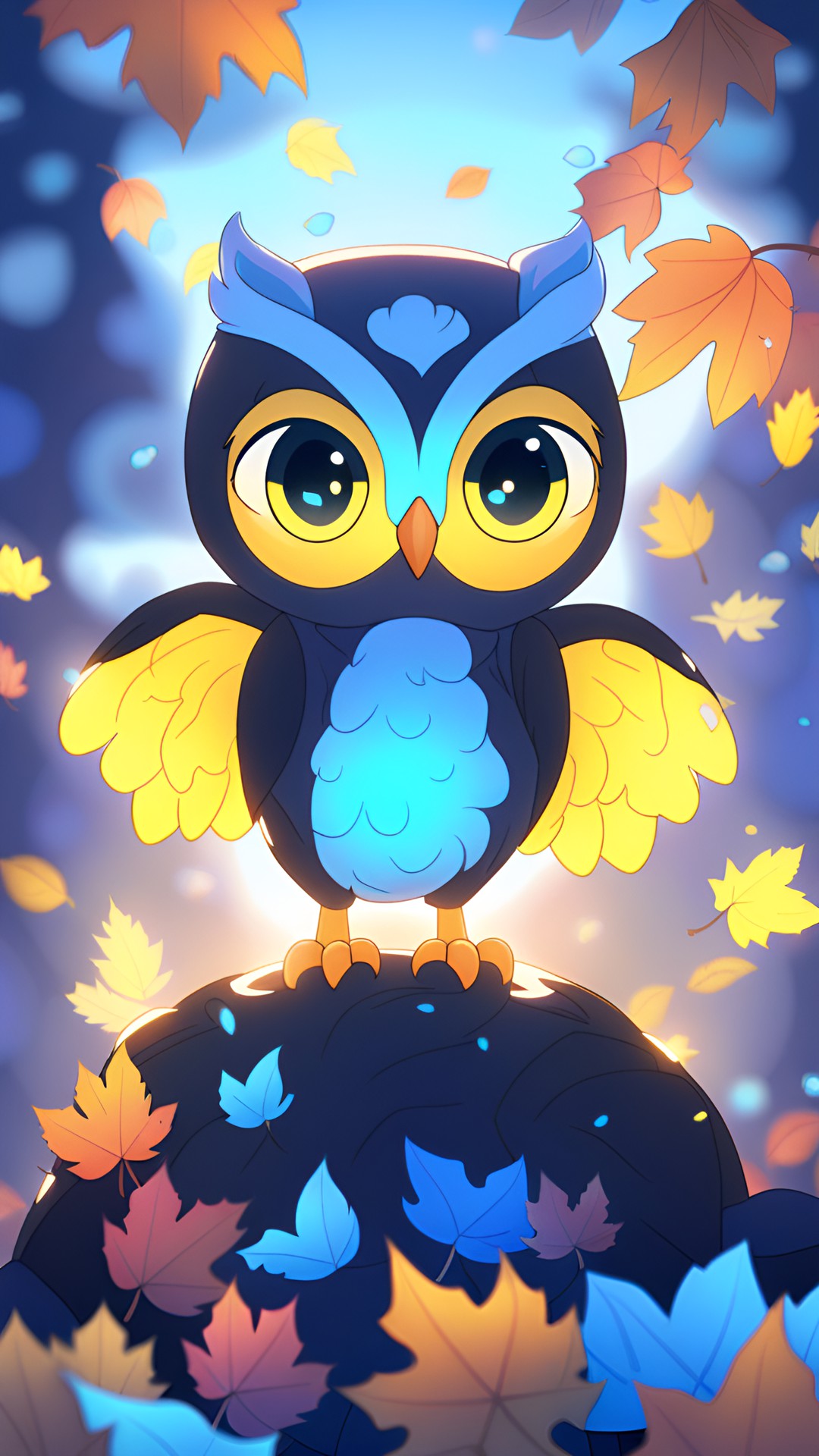 a cute blue and yellow owl sitting in a pile of fall leaves with a sunset in the background, anime, vivid colors, artstation, 8k, depth of field, golden hour, dreamy preview