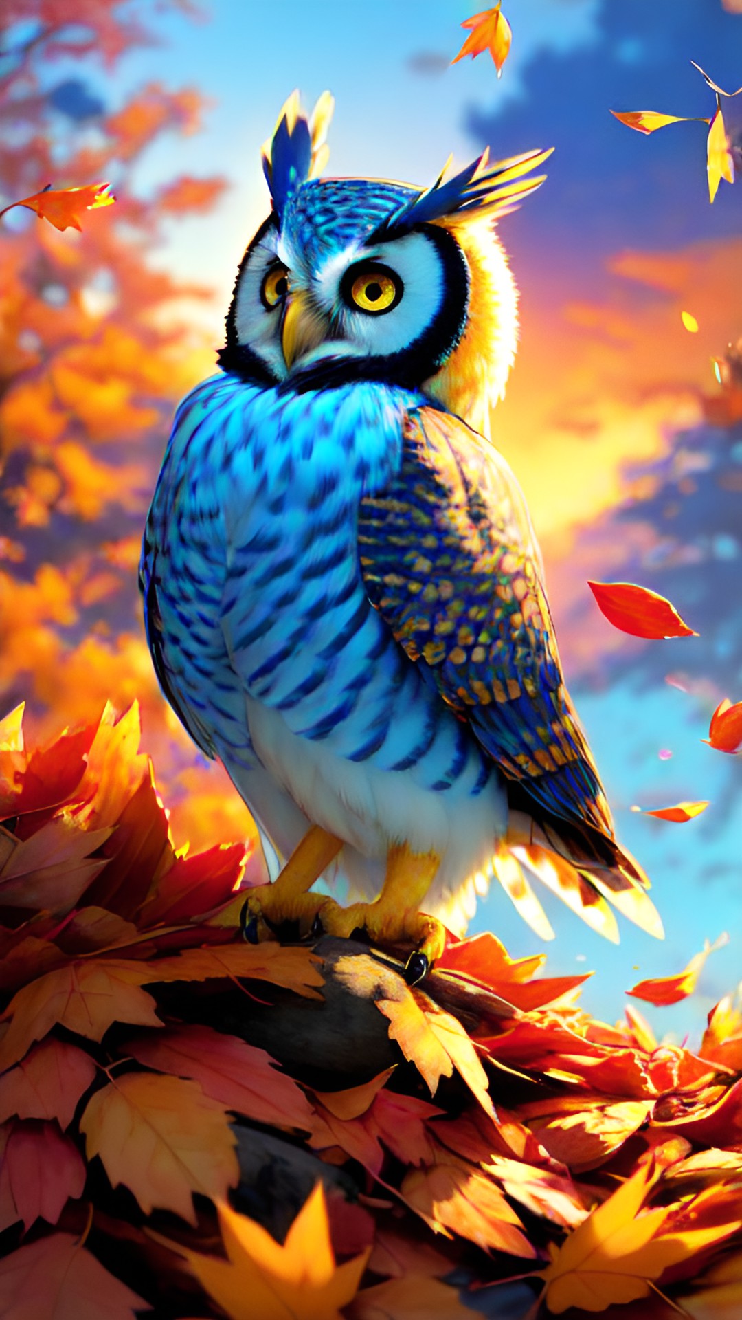 a cute blue and yellow owl sitting in a pile of fall leaves with a sunset in the background, anime, vivid colors, artstation, 8k, depth of field, golden hour, dreamy preview