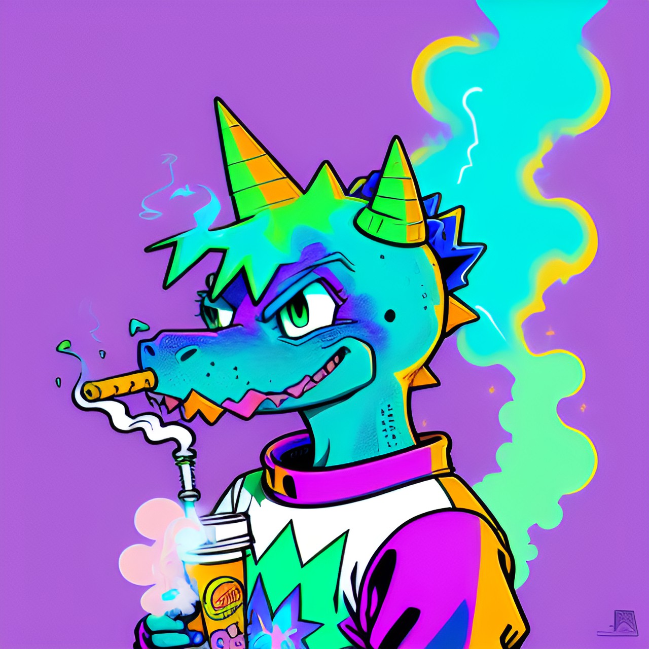 ice skating reptar from the nickelodeon cartoon rugrats smoking a cigarette colorful smoke preview