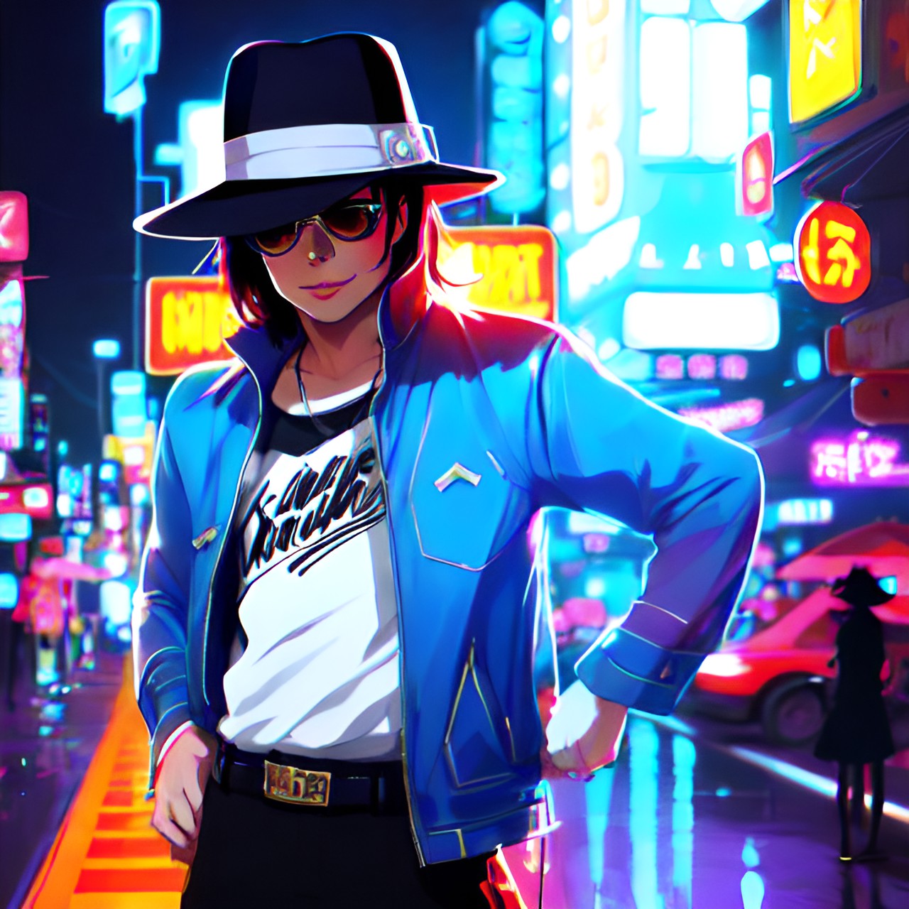 michael jackson, hat fedora, cute, action, cool, dark background, bizarre, shiny, neon light, pastel pallet preview