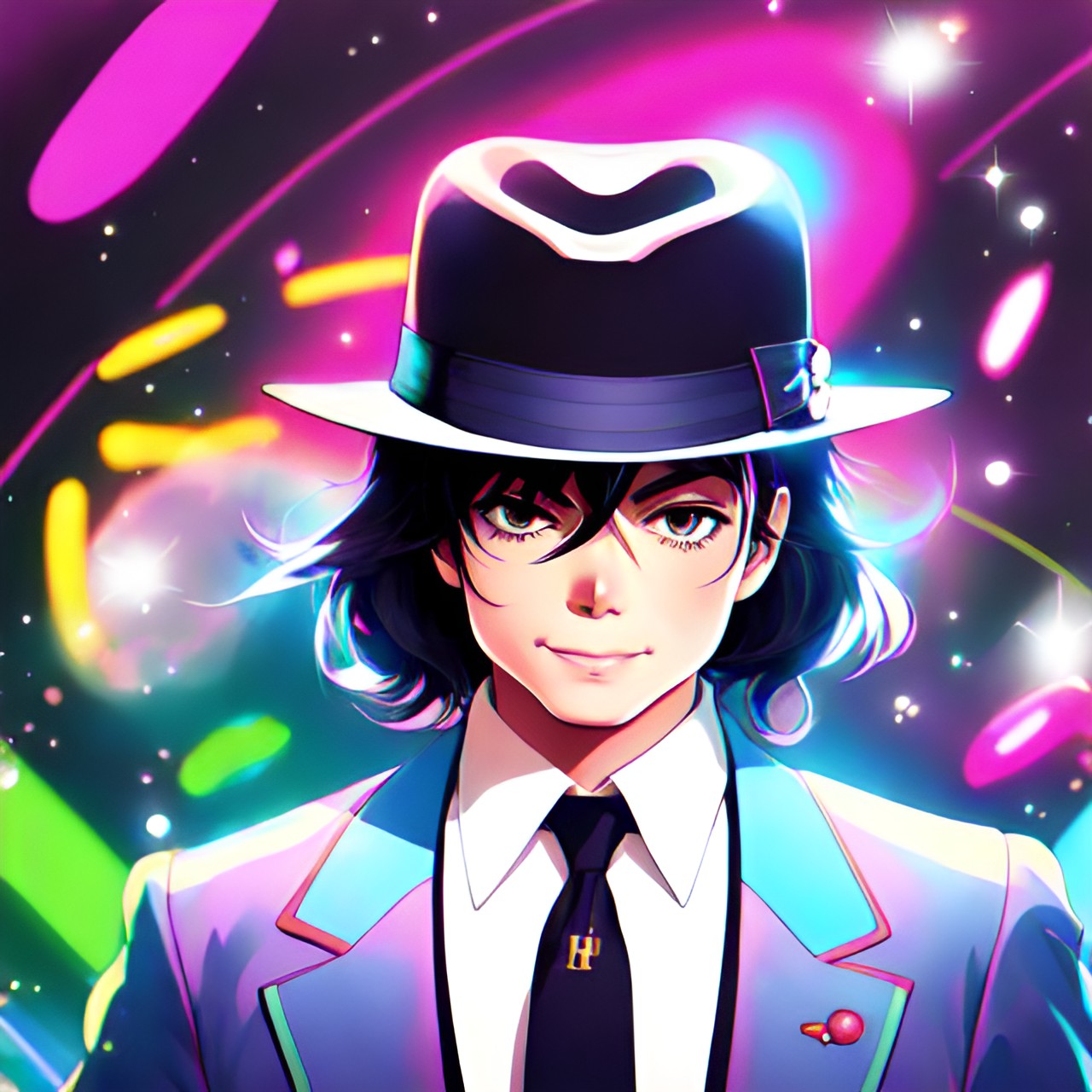 michael jackson, hat fedora, cute, action, cool, dark background, bizarre, shiny, neon light, pastel pallet preview