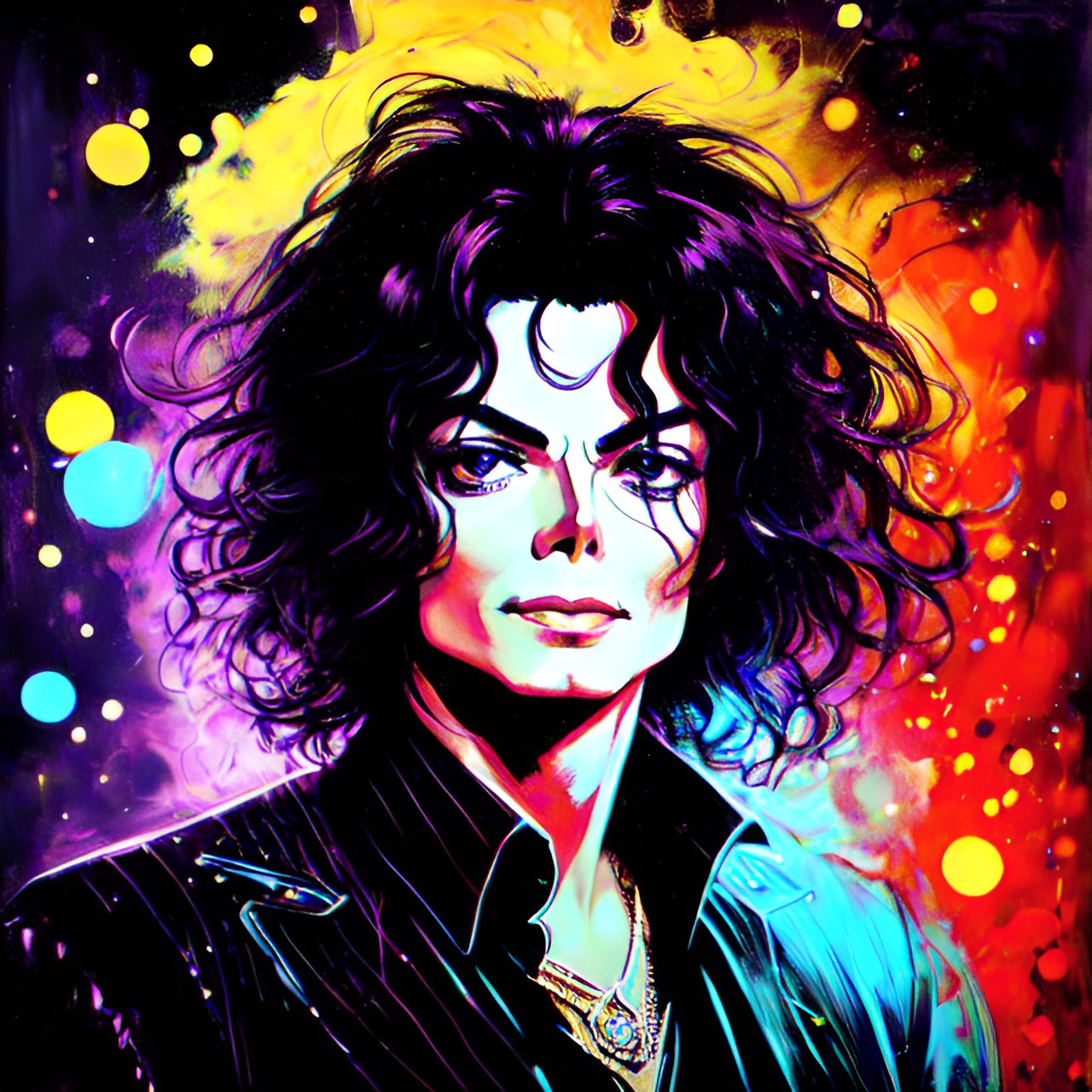 michael jackson, cute, action, cool, dark background, bizarre, shiny, neon light, pastel pallet preview