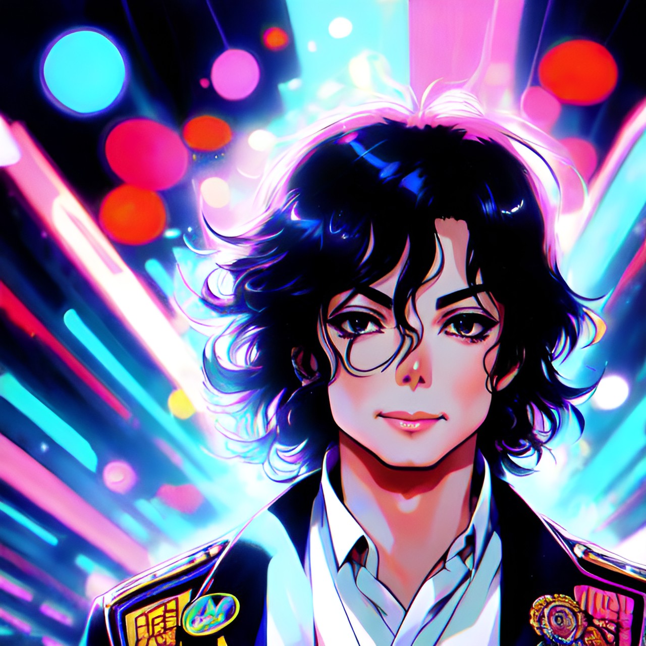 michael jackson, cute, action, cool, dark background, bizarre, shiny, neon light, pastel pallet preview