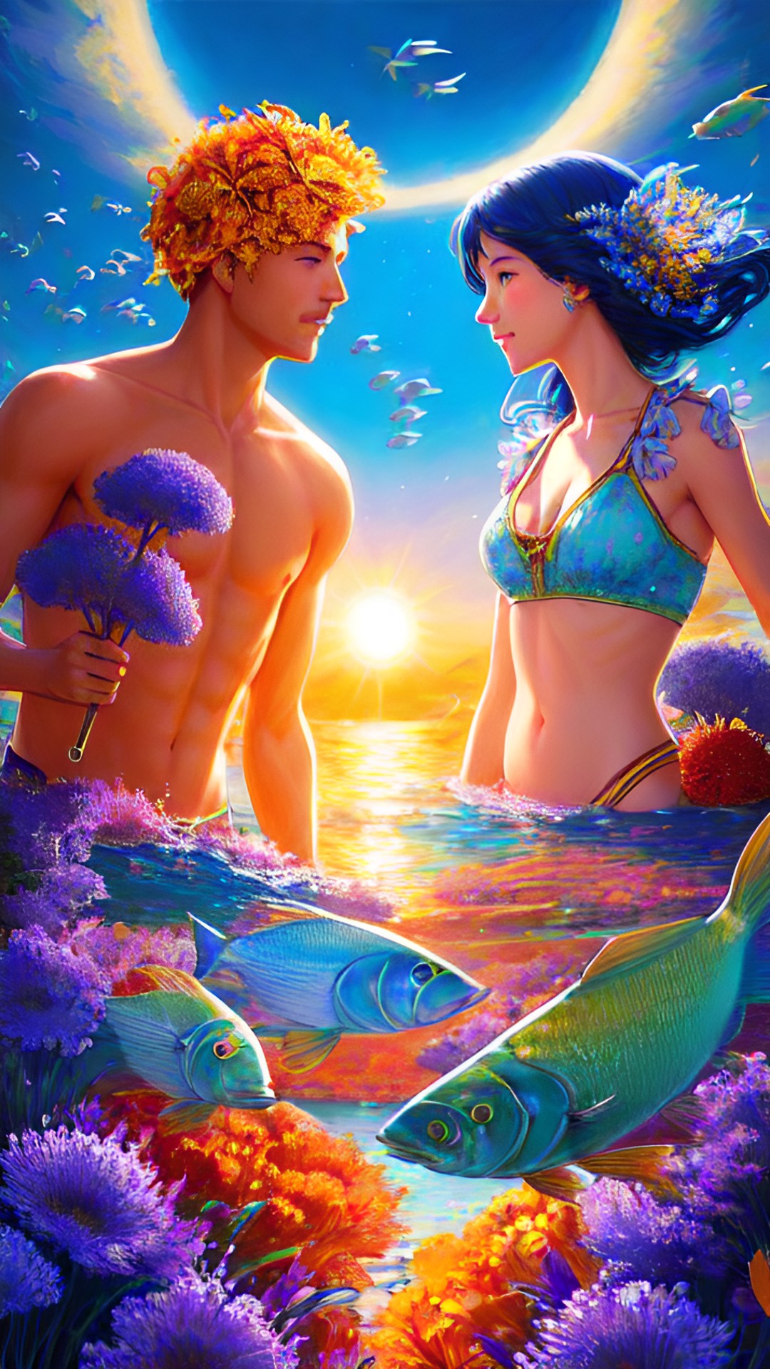 portrait of two friends: humanization of summer and anthropomorphic sun. joy, fantasy, super-resolution, 128k, 5d, full-hd, fishes in the sea, cornflowers, style of anatolyi leushyn, intricately-detailed preview