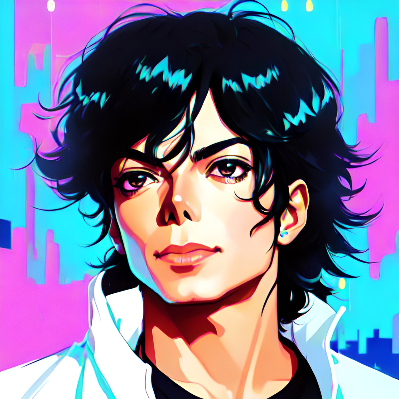 michael jackson, cute, action, cool, dark background, bizarre, shiny, neon light, pastel pallet preview