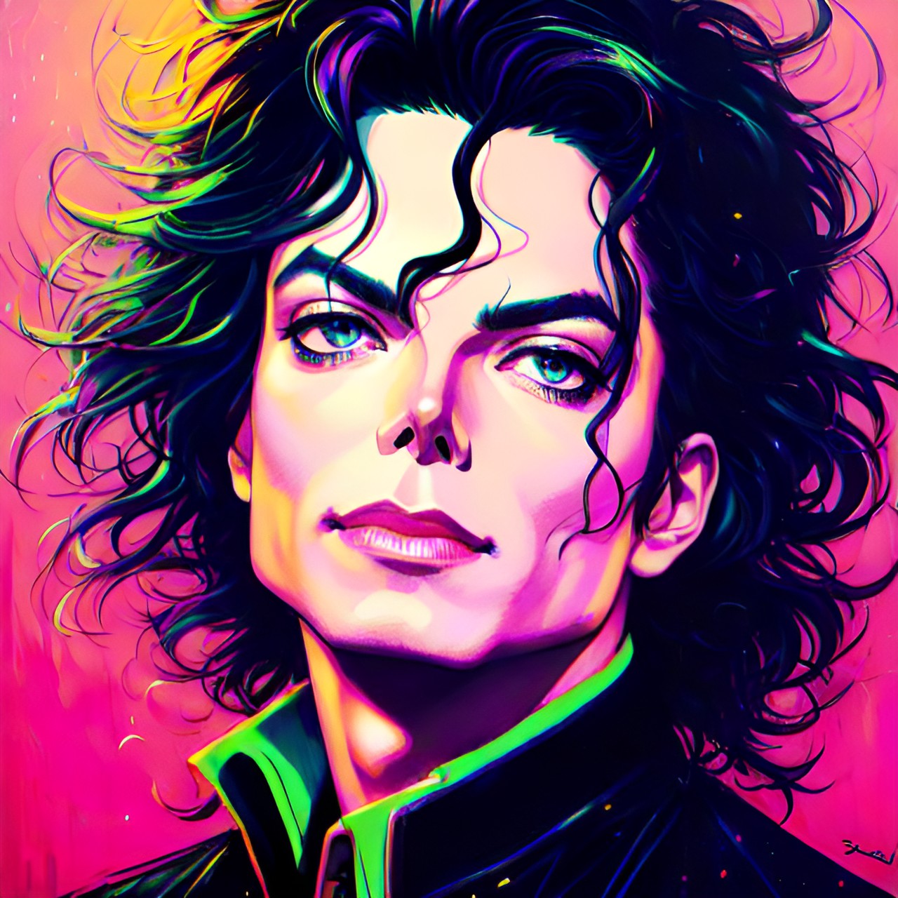 michael jackson, cute, action, cool, dark background, bizarre, shiny, neon light, pastel pallet preview