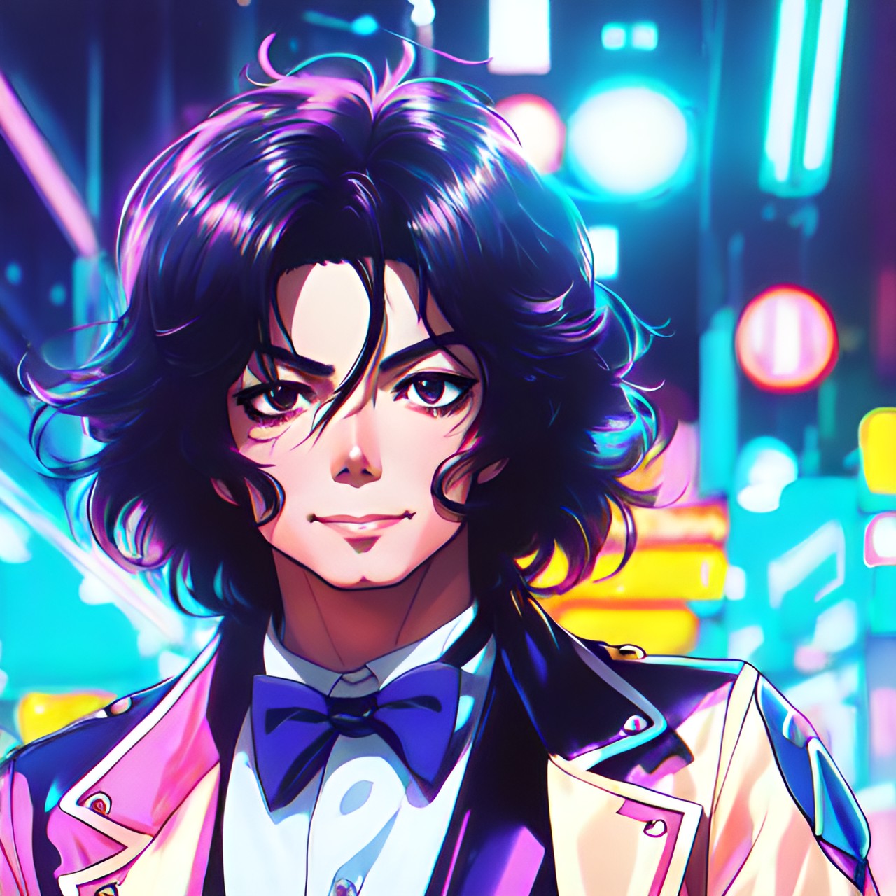 michael jackson, cute, action, cool, dark background, bizarre, shiny, neon light, pastel pallet, 80's preview