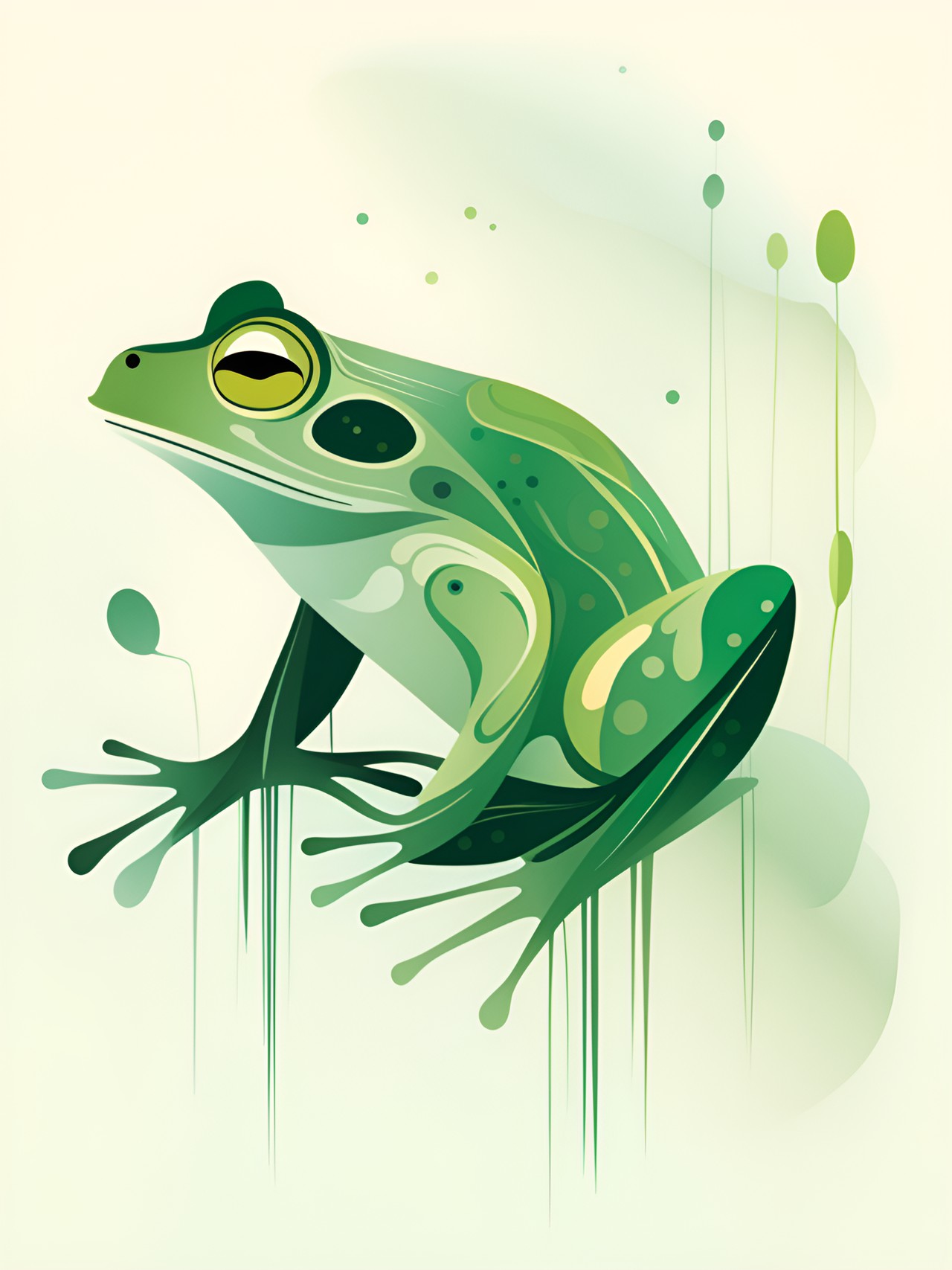 frog, abstract illustration, muted color palette, random green wisps around the frog preview