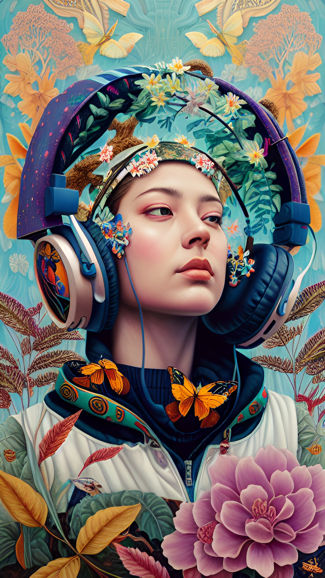 woman listening to trees nature with headphones preview