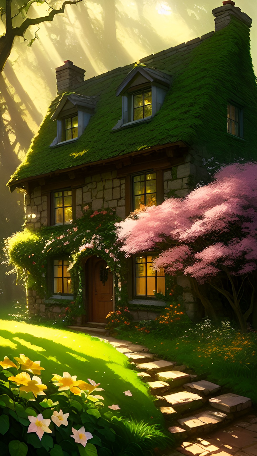 stone cottage in the forrest with sunbeams and ivy preview