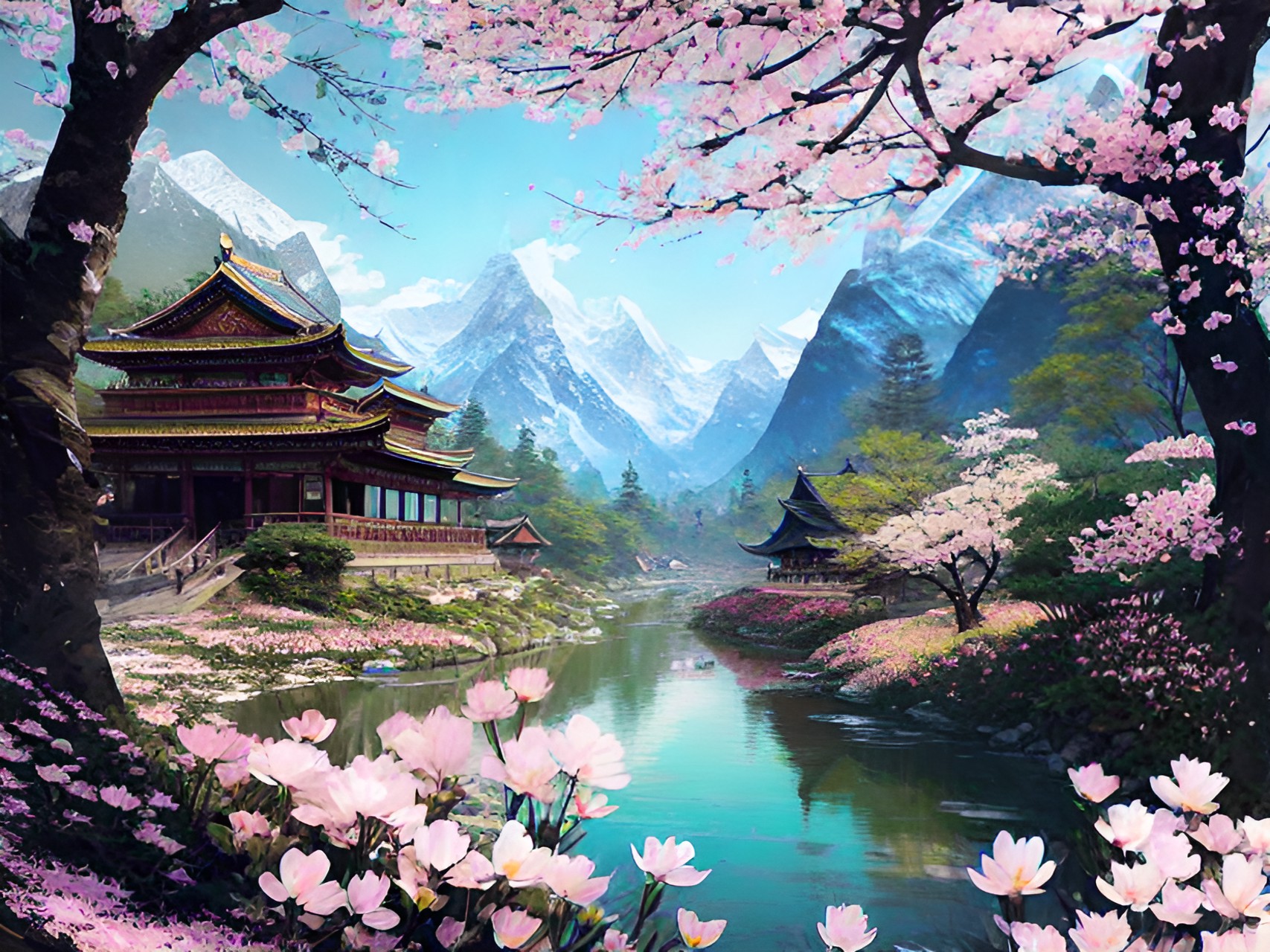 Chinese Spring - asia in the spring with mountains and flowers all around preview