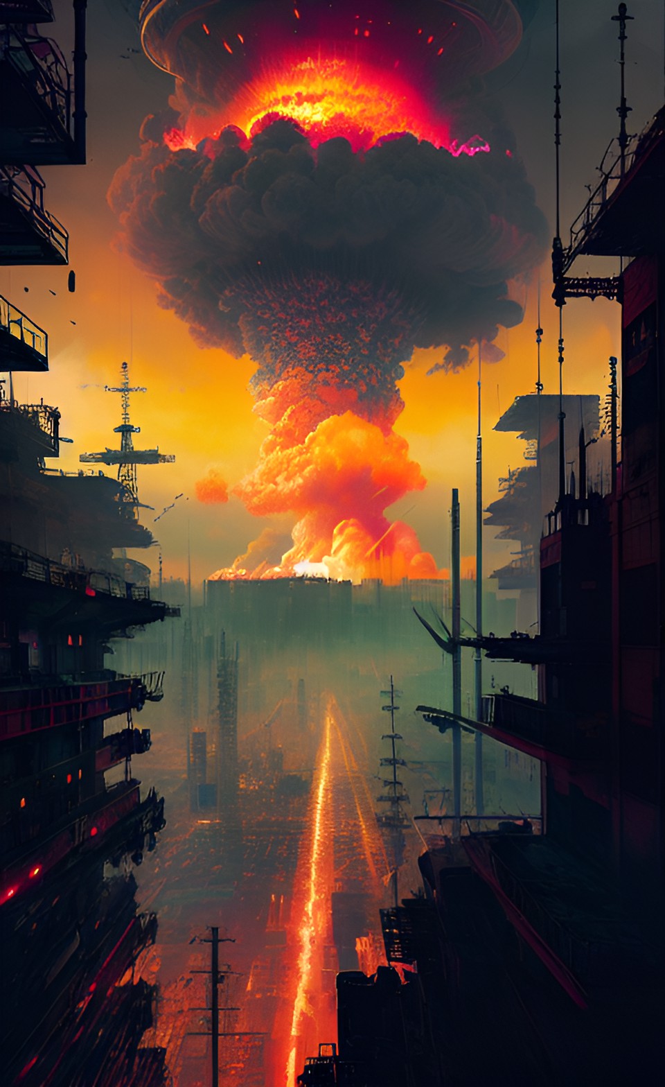 Take Cover! - nuclear explosion and mushroom cloud over dystopian city preview