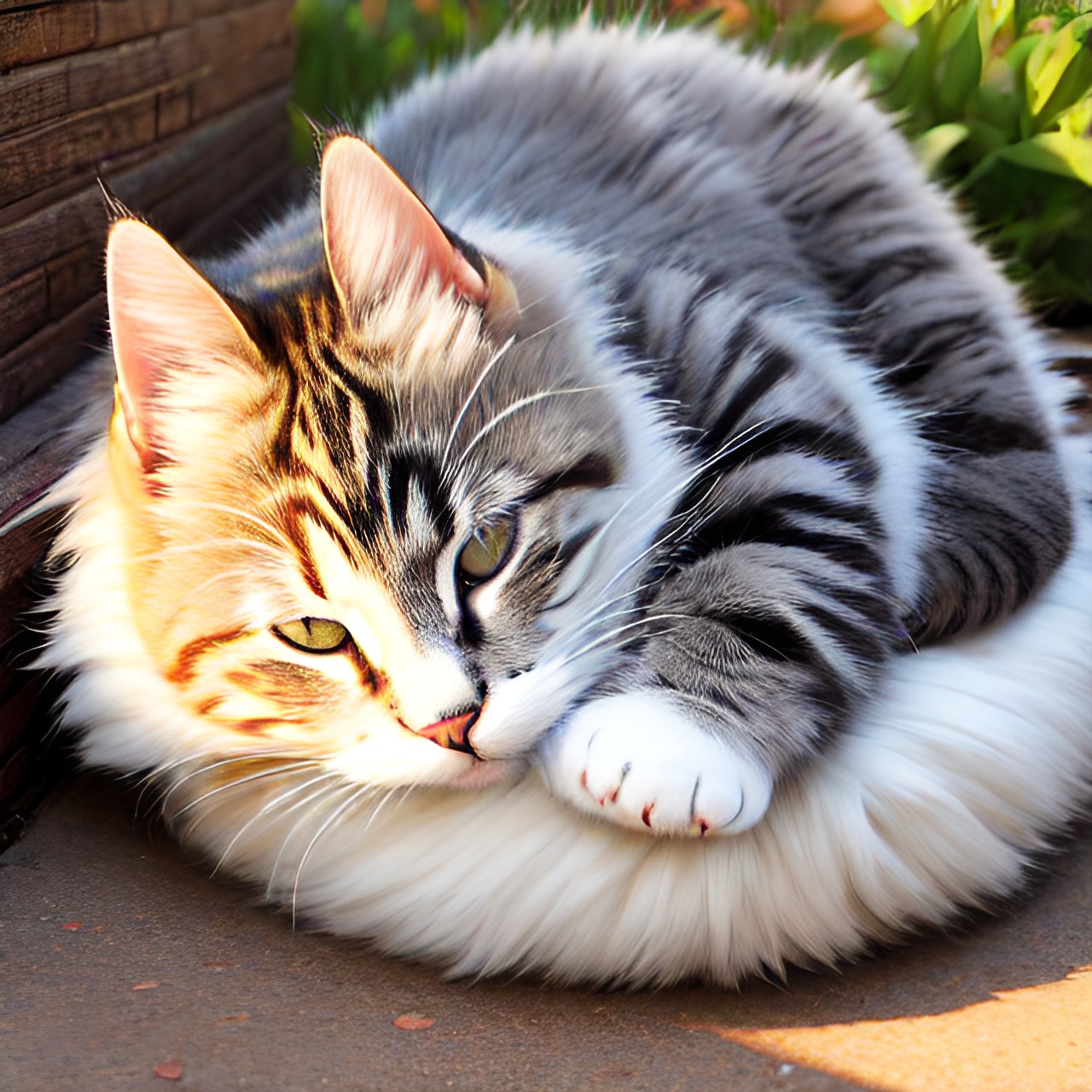 cat  - the cat is curled up in a sunny spot, looking content and sleepy. its fur is soft and fluffy, and it has a cute little face. preview