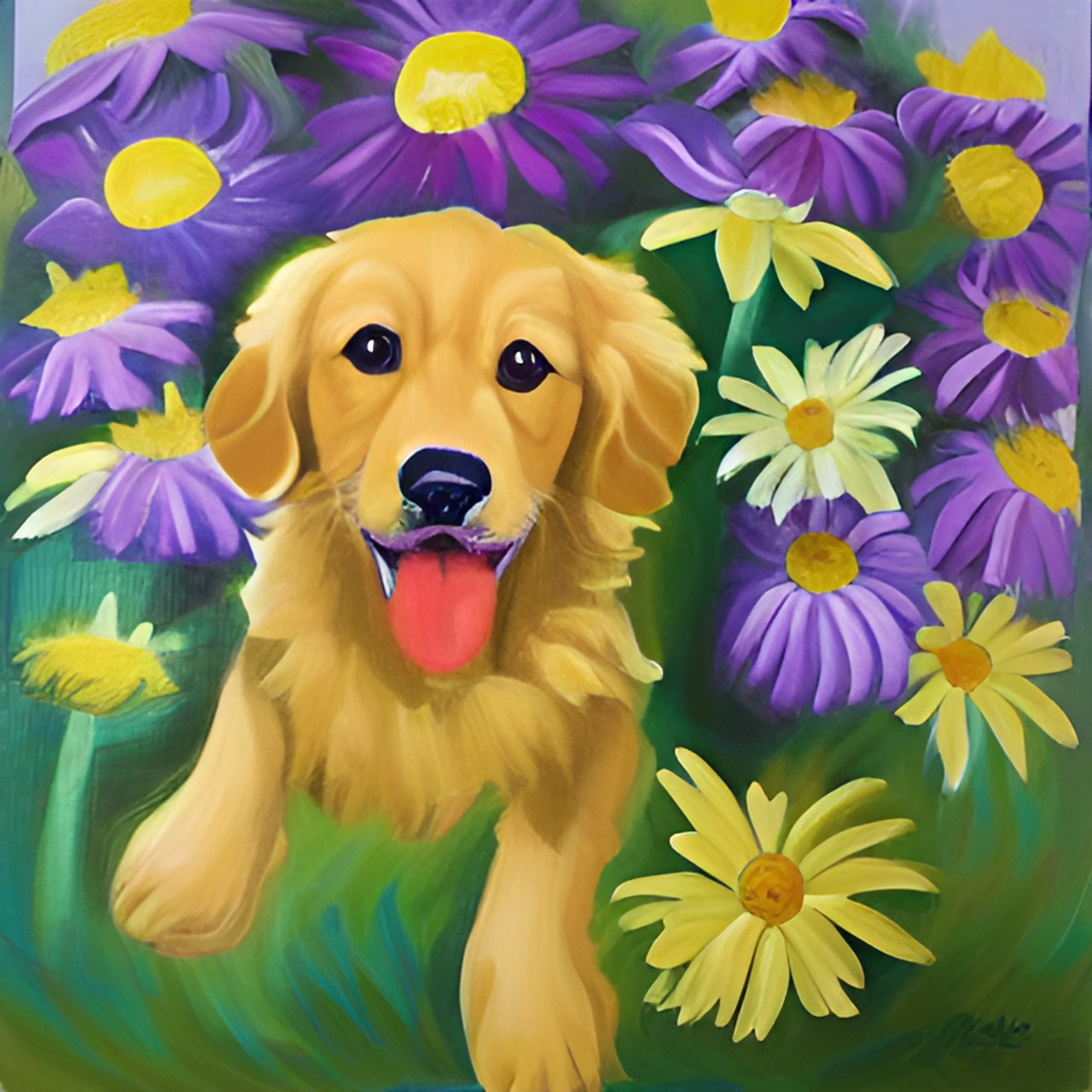 a small playful golden retriever plays with a daisy preview