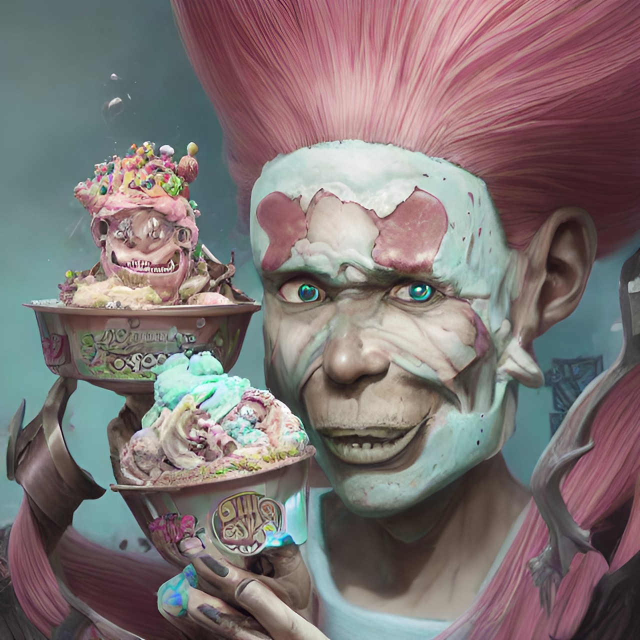 Athlete - intricately detailed, very creepy, colorful, vivid, icecream sundae, that has realistic pink cotten candy hair, with a human face on top. preview