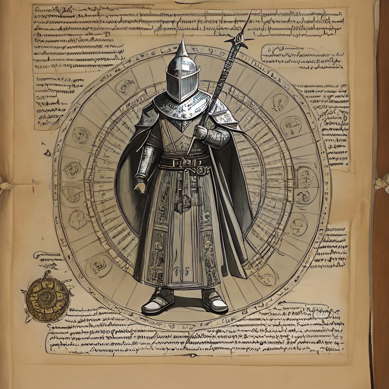 Knight Parchment - detailed parchment sketch of white knight holding a spear, and powers with diagrams, moves, and descriptions. preview