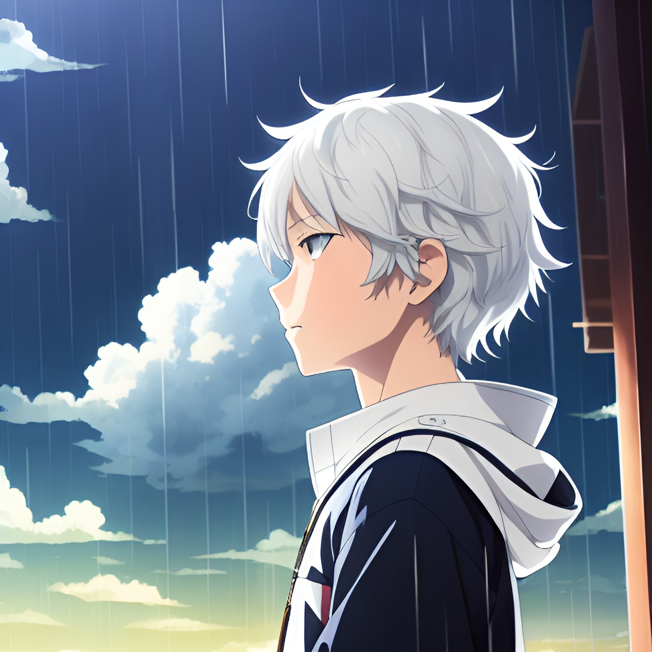 Penomovu perfect - a white haired kid looking at the rainy sky with a white neutral mask preview