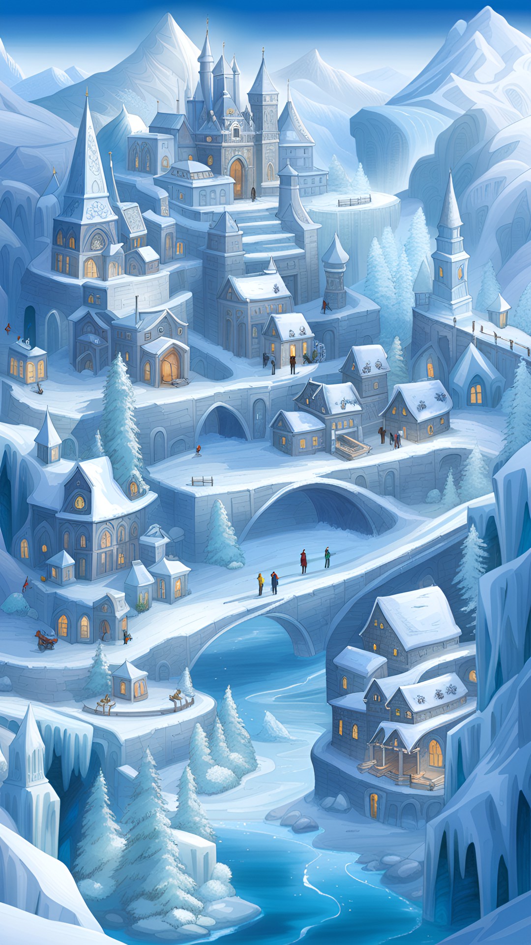 a city made of ice, with ice slides, frozen rivers, and snow-covered buildings, winter, magical, detailed, cold preview