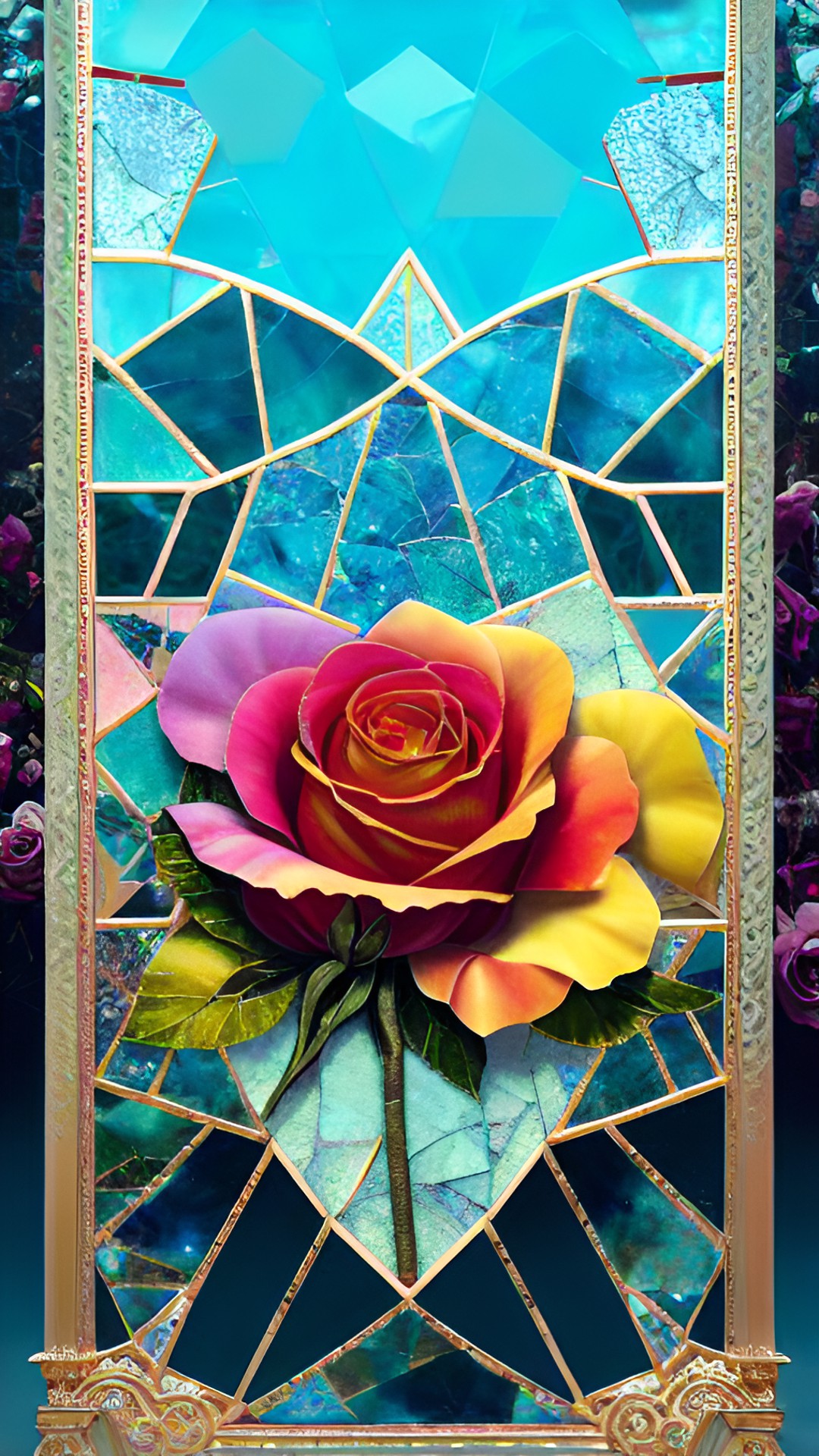 Rose Mosaic - shattered rose flower mosaic in prismatic reflections pastel shades ancient tiled fresco 4k sharp focus 8k depth of field octane render trending on artstation 8k golden ratio preview