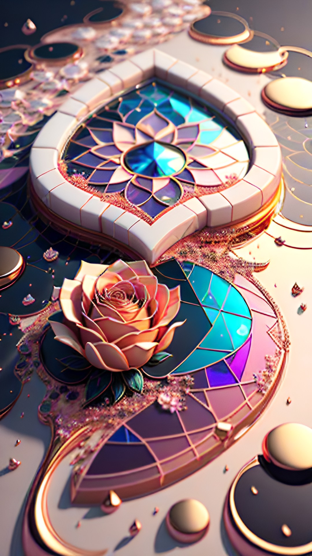 Rose and Mosaic - shattered rose flower mosaic in prismatic reflections pastel shades ancient tiled fresco  4k sharp focus 8k depth of field octane render trending on artstation 8k golden ratio preview