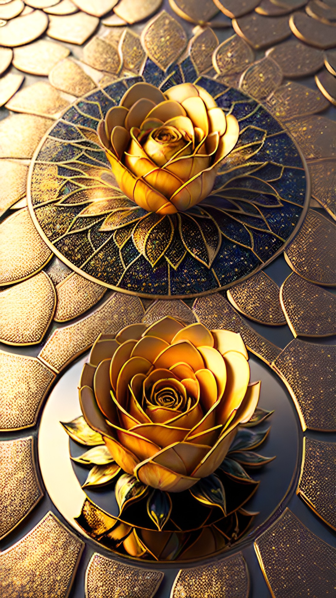 Golden Ratio Rose - shattered golden rose flower mosaic in prismatic reflections golden shades ancient tiled fresco 4k sharp focus 8k depth of field octane render trending on artstation 8k golden ratio preview