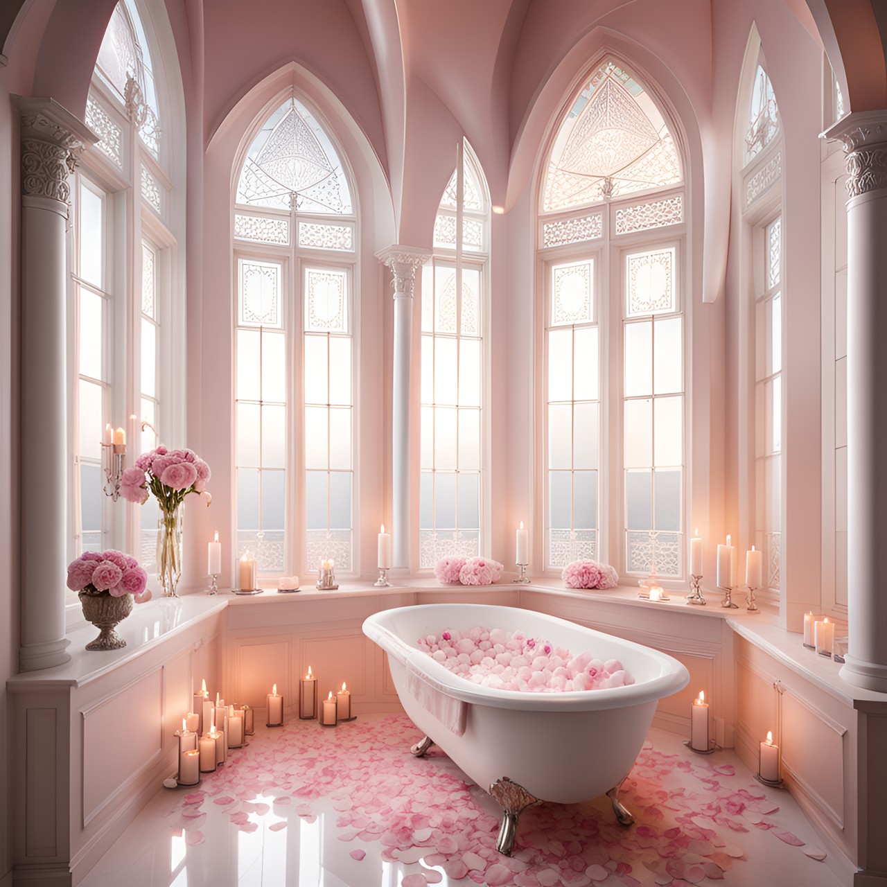 intricate details, lots of details, elaborated, high ceiling, fantasy elements, ethereal, elegance, bathroom, candles, window, pale pink, rose petals, white, white mist, vintage bath preview