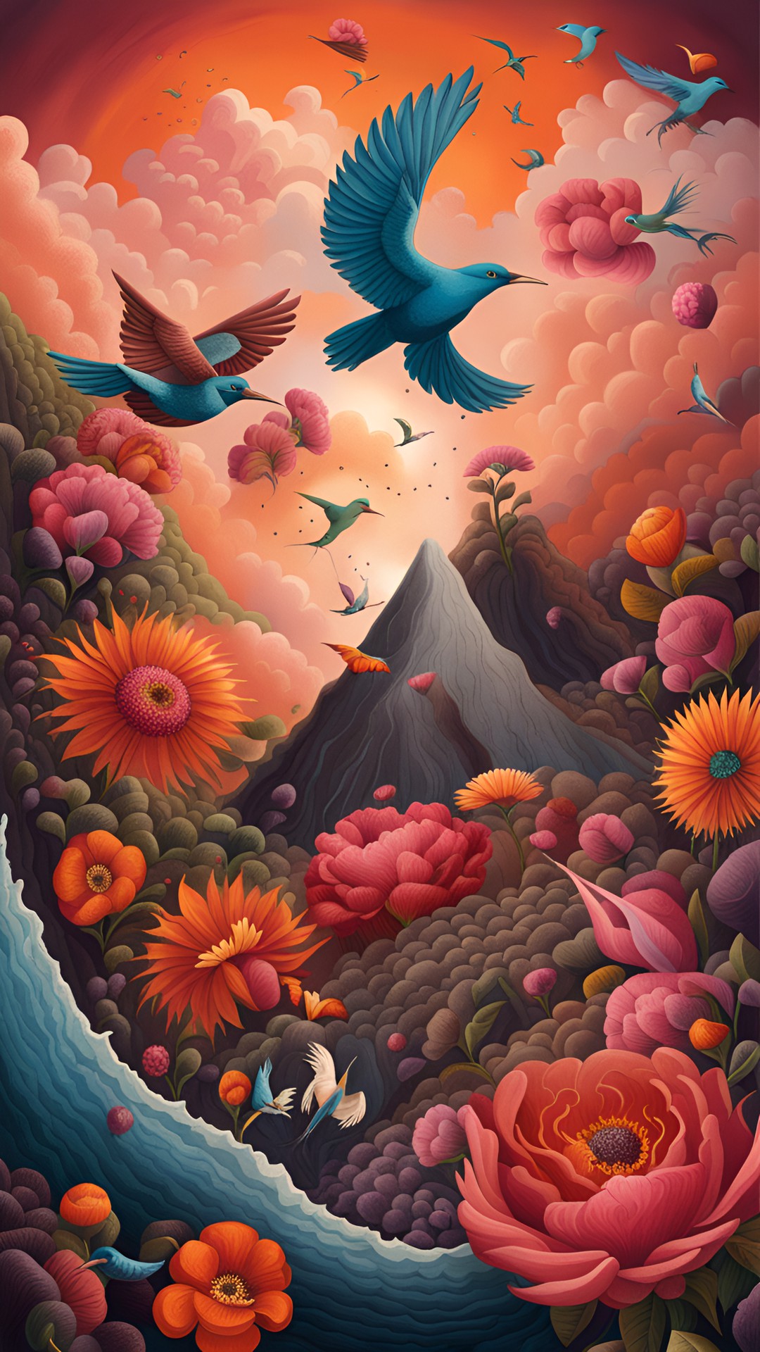 flowers and birds erupting out of a surreal volcano preview