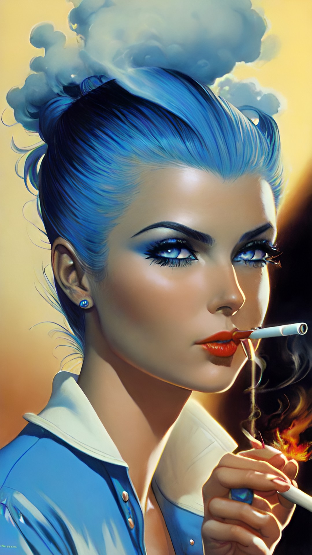 woman with slicked back hair and lazy blue eyes smoking a cigarette and cracking an egg in a pan preview