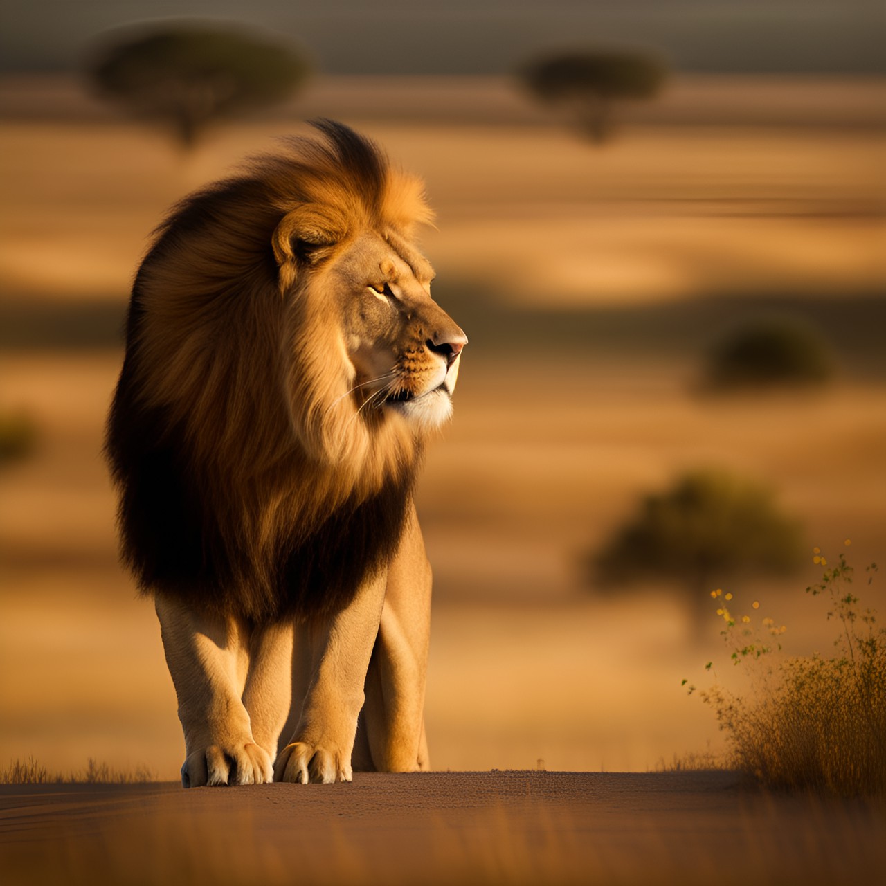 powerful male lion looking over the landscape. preview