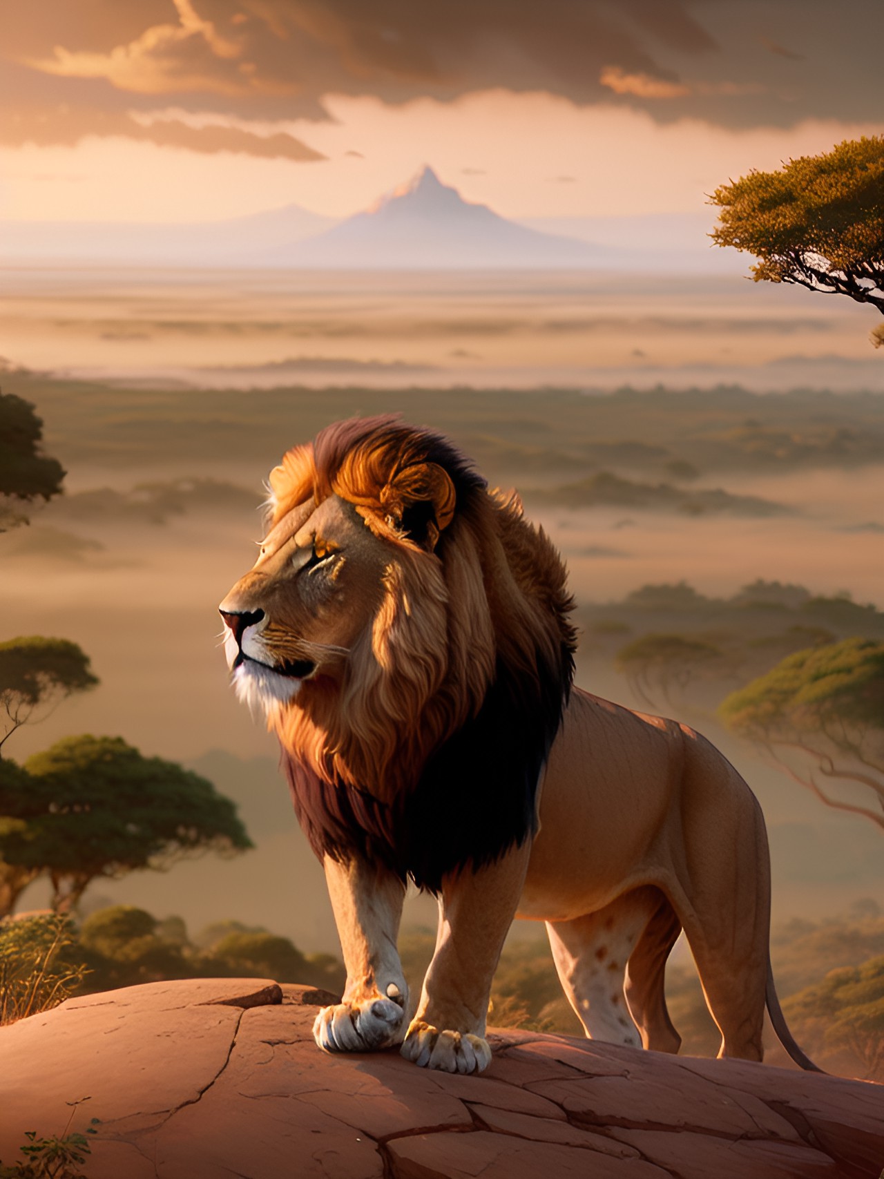 powerful male lion looking over the landscape. preview