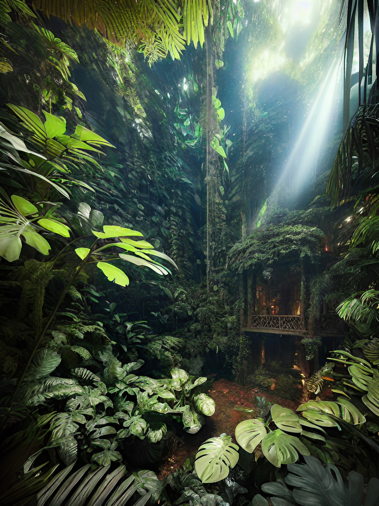 Swallowed by Forest - deep in the interior of the amazon rainforest. lush dark plants. pools of water. vines and overgrowth. tiny beams of sunlight. preview