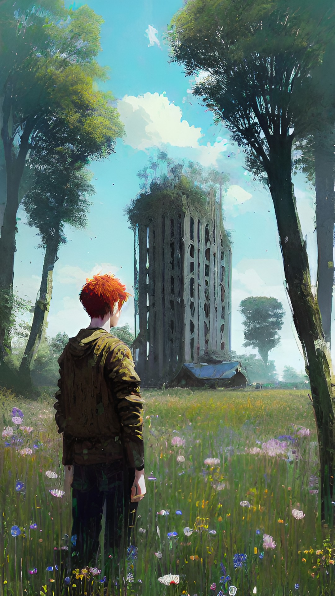 Abandoned Elevator - (lopsided towering leaning wooden building behind man)+++, man in green field field, man picking blue flowers, man, man facing forward, flower field, freckles, redhead, $tattoos$ preview