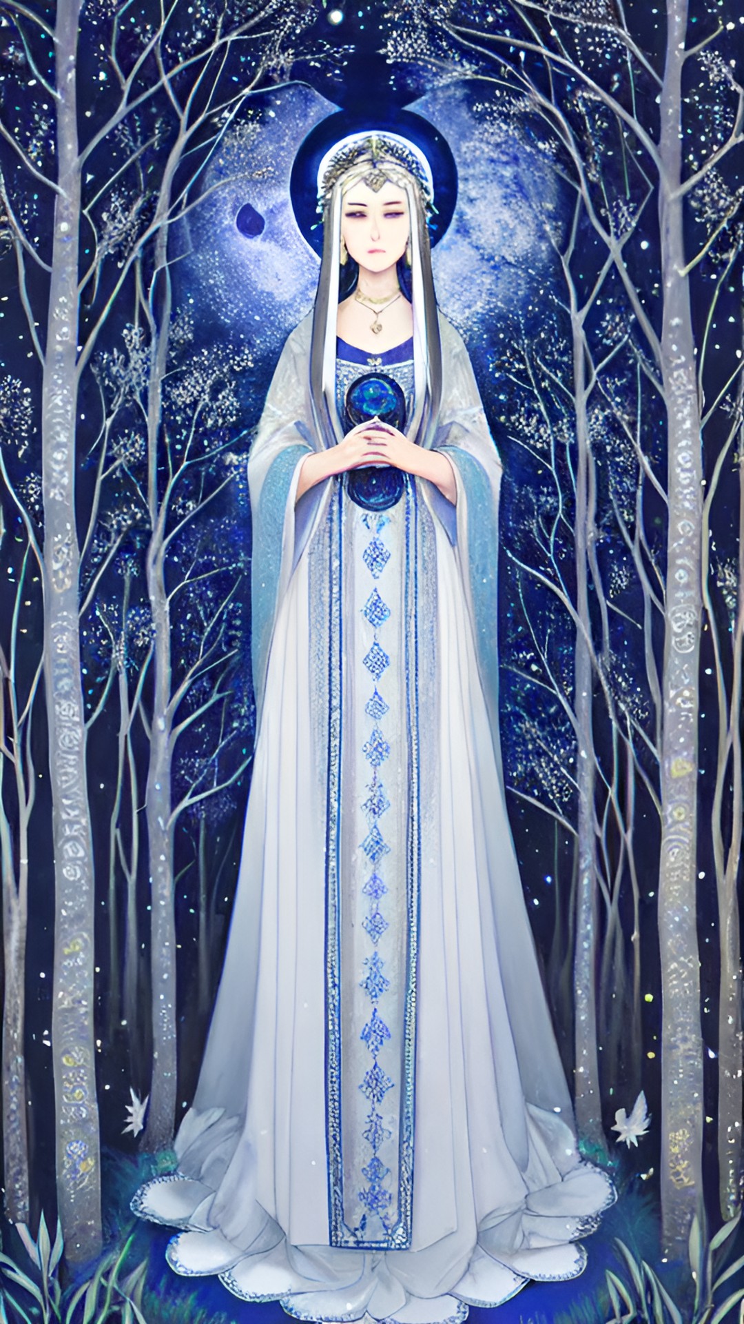 a priestess of the moon stands in the sacred grove at midnight, wearing a fine silk gown with metallic embroidery. the palette is mostly white, shades of blue and silver, black, and hints of warmer colors preview