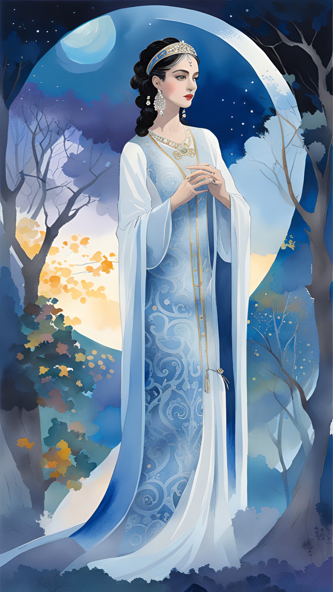 a priestess of the moon stands in the sacred grove at midnight, wearing a fine silk gown with metallic embroidery. the palette is mostly white, shades of blue and silver, black, and hints of warmer colors preview