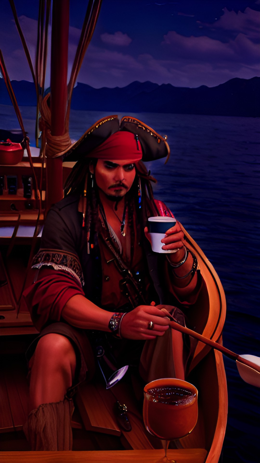 jack sparrow tomando café en un barco estilo fotografía preview