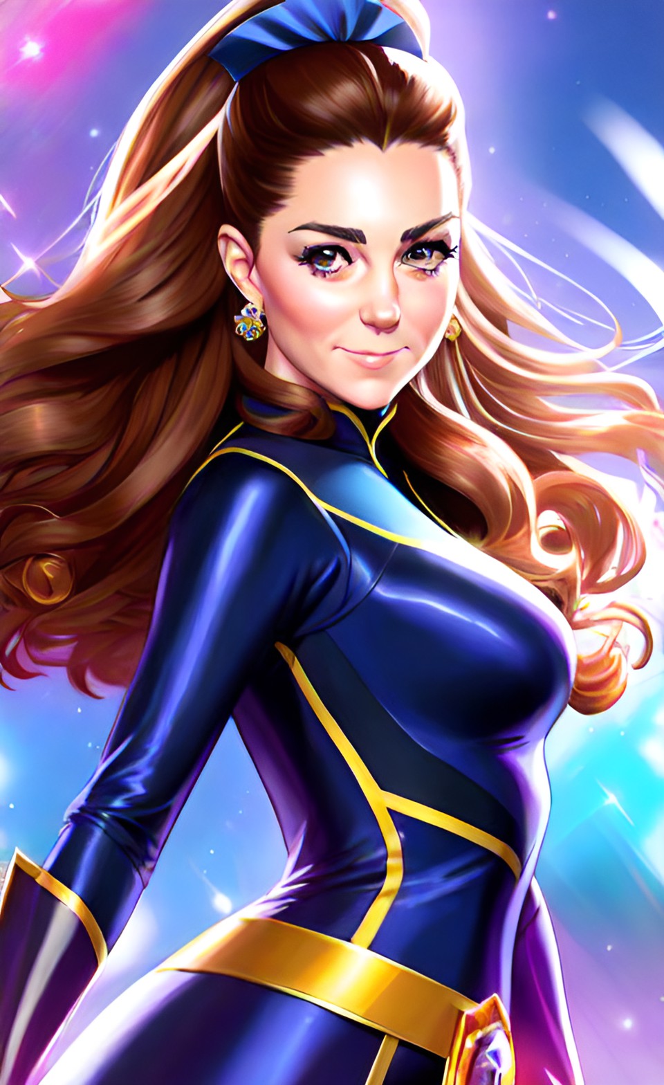 generate princess kate middleton as a superhero looking mighty pretty saying "go workplace" in the style of marvel artist alex ross realism preview