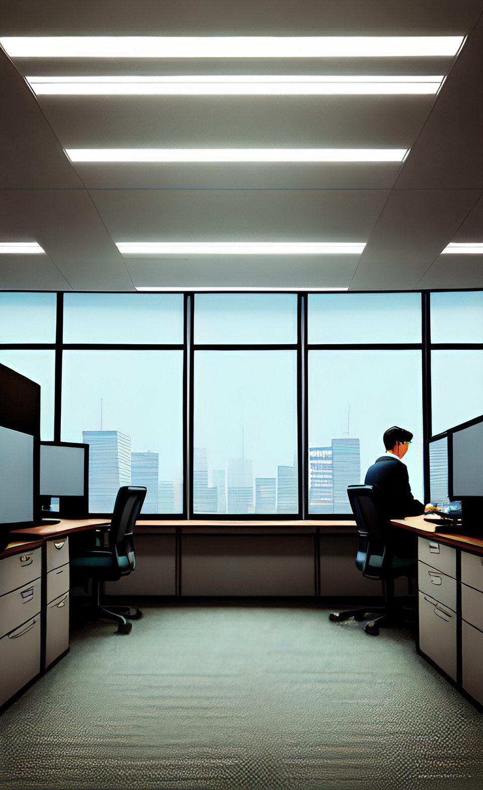 lonely it worker in an office all on his own dramatic lighting comic style preview