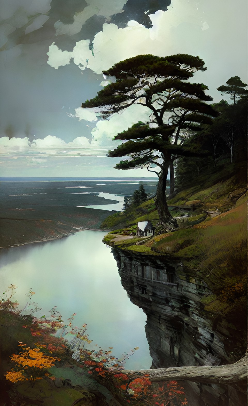 tree on a high cliff above the lake, river valley, clouds, small house, bridge, clear horizon, aquarelle style, by andrew wyeth preview