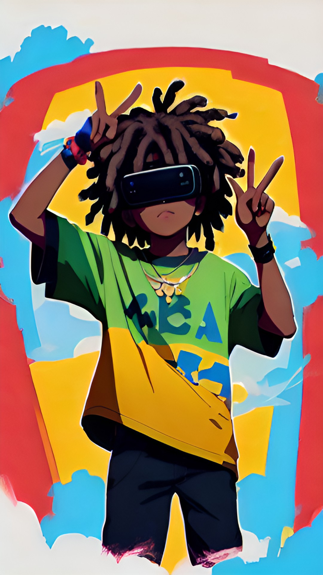 Peace sign - black kid with dreadlocks wearing virtual reality set throwing up peace sign peace - a black kid with dreadlocks is wearing a virtual reality set and throwing up a peace sign. preview