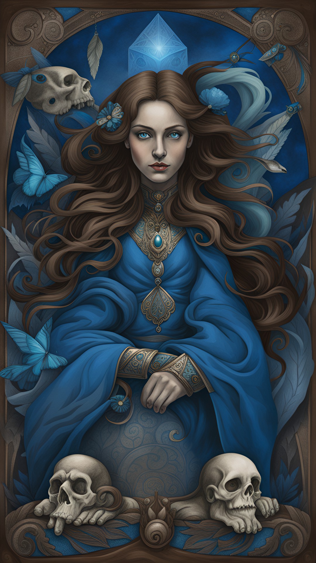 kindred spirits ancestors ghosts of the past; in shades of sapphire blue, coffee brown, sepia, and aquamarine preview